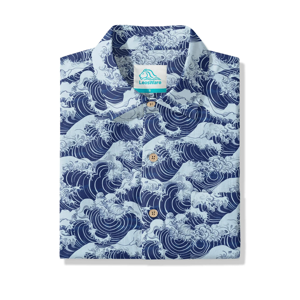 LeosWare® Men's Hawaiian Shirt Short Sleeve Button-up 100% Cotton Blue Aloha Blue Wave World By Ann