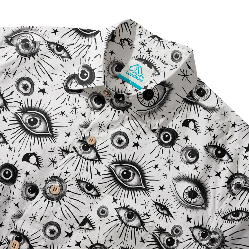 LeosWare® Men's Hawaiian Shirt Short Sleeve Button-up 100% Cotton White Aloha Starlight Eye Array By Ann
