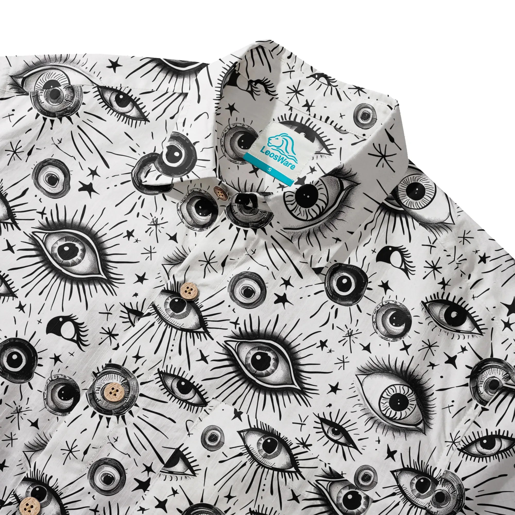 LeosWare® Men's Hawaiian Shirt Short Sleeve Button-up 100% Cotton White Aloha Starlight Eye Array By Ann