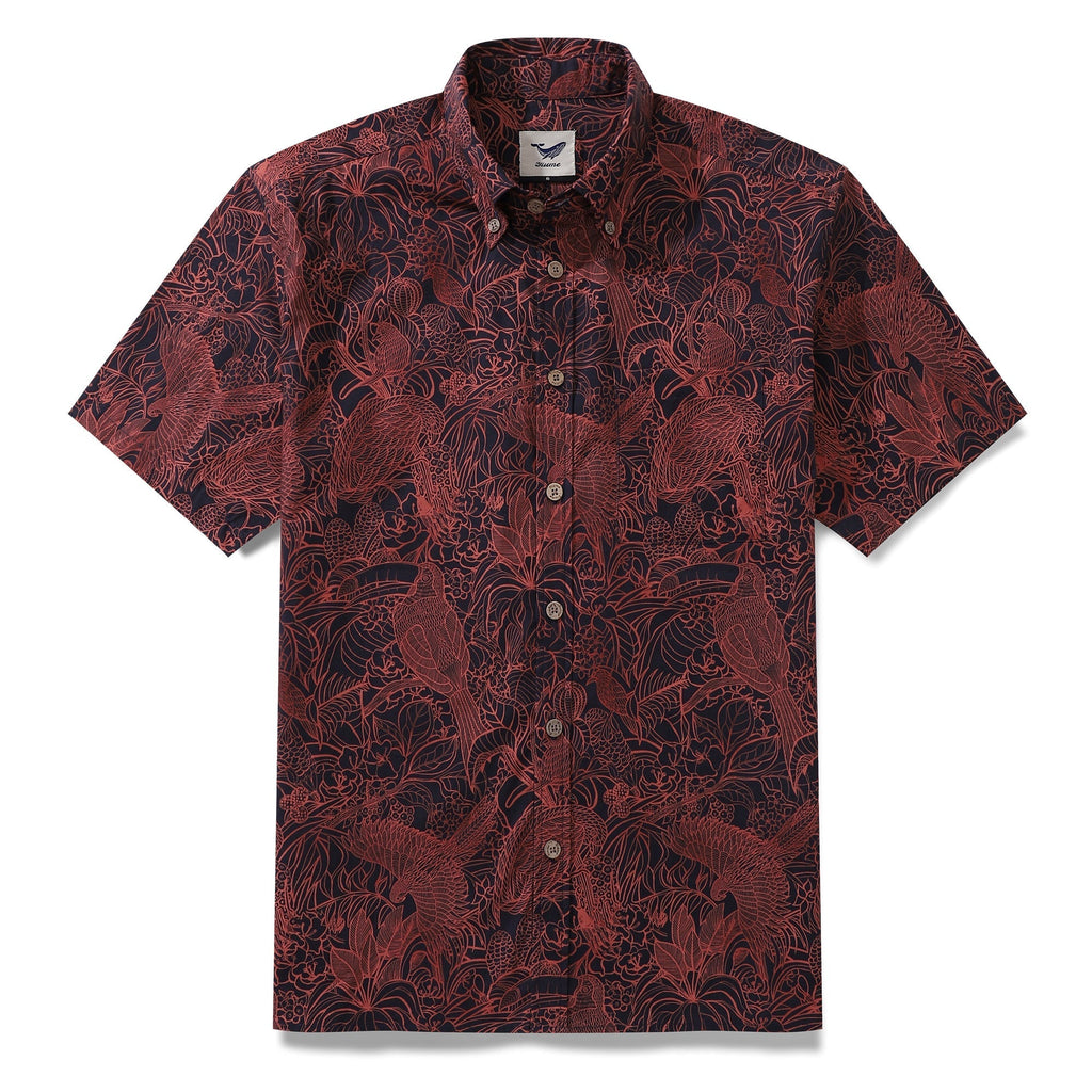 Men's Breathable Shirt Red Hawaiian Shirt Birds Print 100% Cotton Short Sleeve Button-down Shirt By Sun