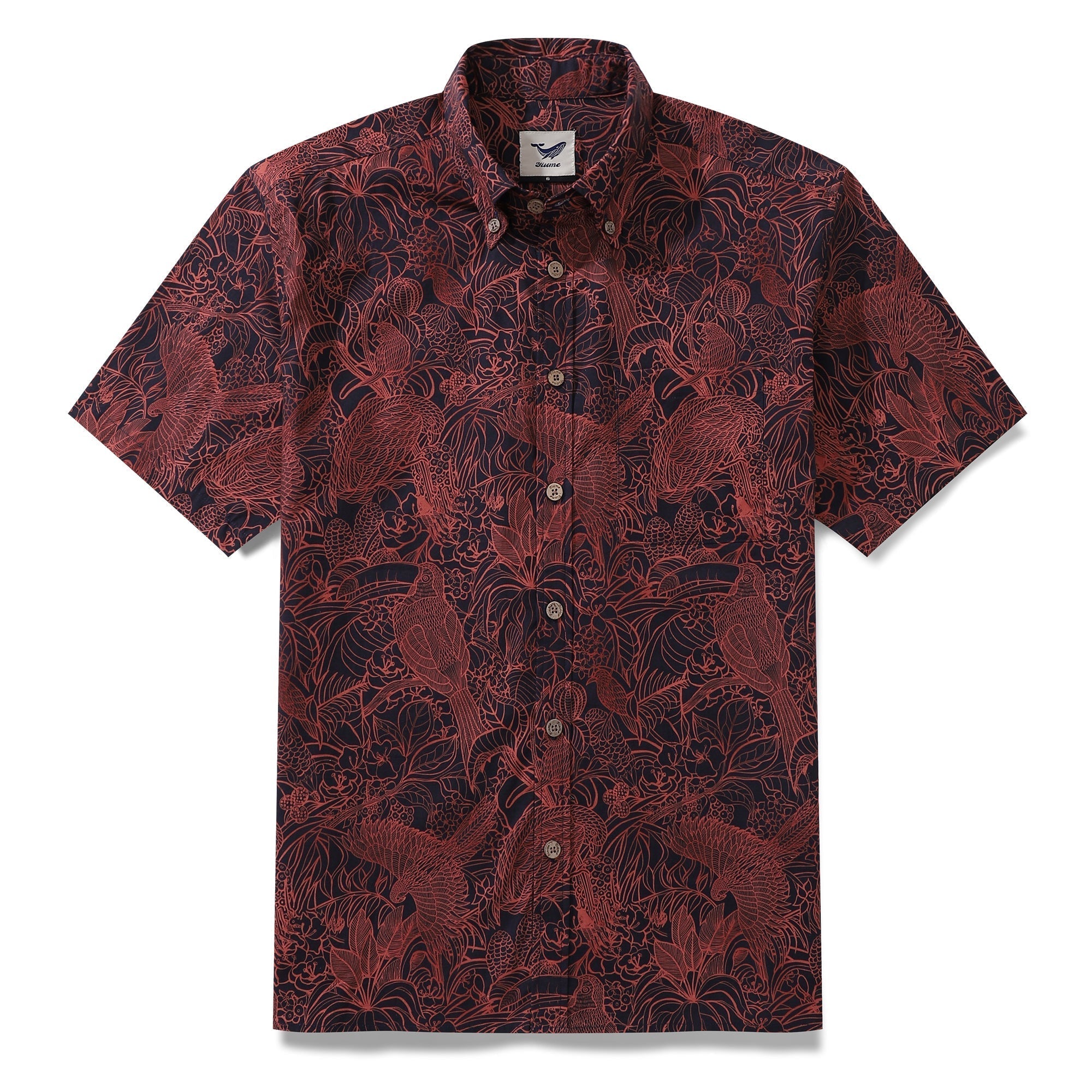 Men's Breathable Shirt Red Hawaiian Shirt Birds Print 100% Cotton Short Sleeve Button-down Shirt By Sun