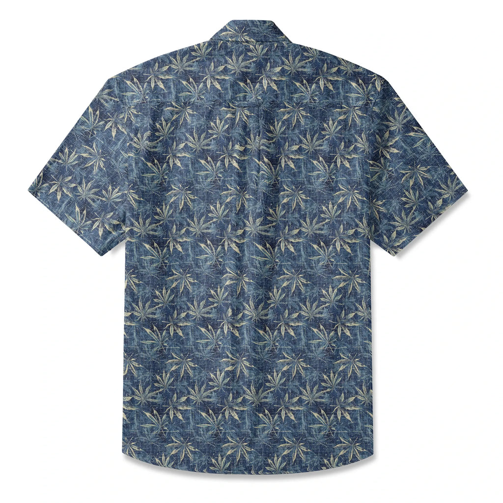 LeosWare® Men's Leaf Hawaiian Shirt Short Sleeve Button-up 100% Cotton Blue Aloha Indigo Blue Linen Leaf Pattern By Ann