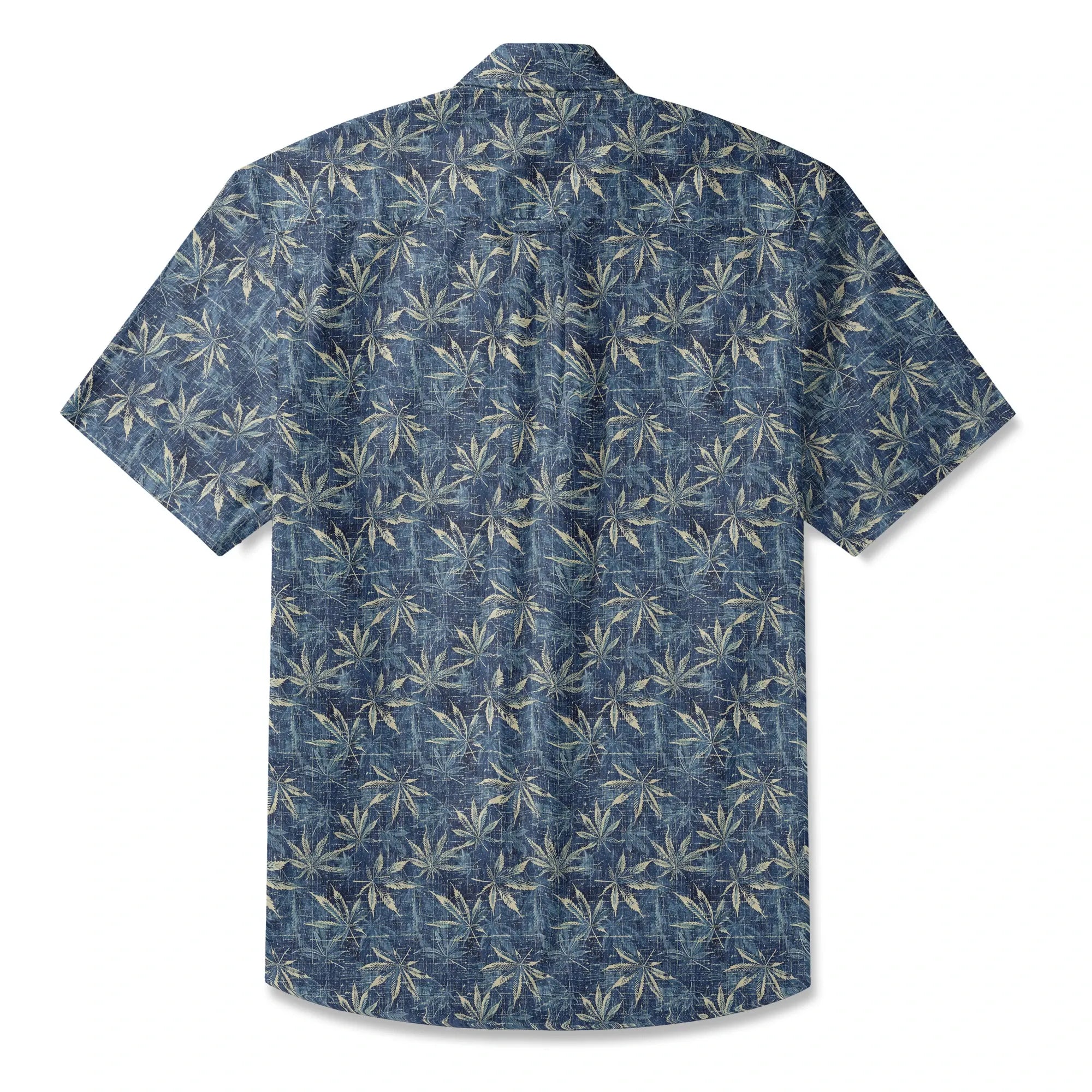 LeosWare® Men's Leaf Hawaiian Shirt Short Sleeve Button-up 100% Cotton Blue Aloha Indigo Blue Linen Leaf Pattern By Ann