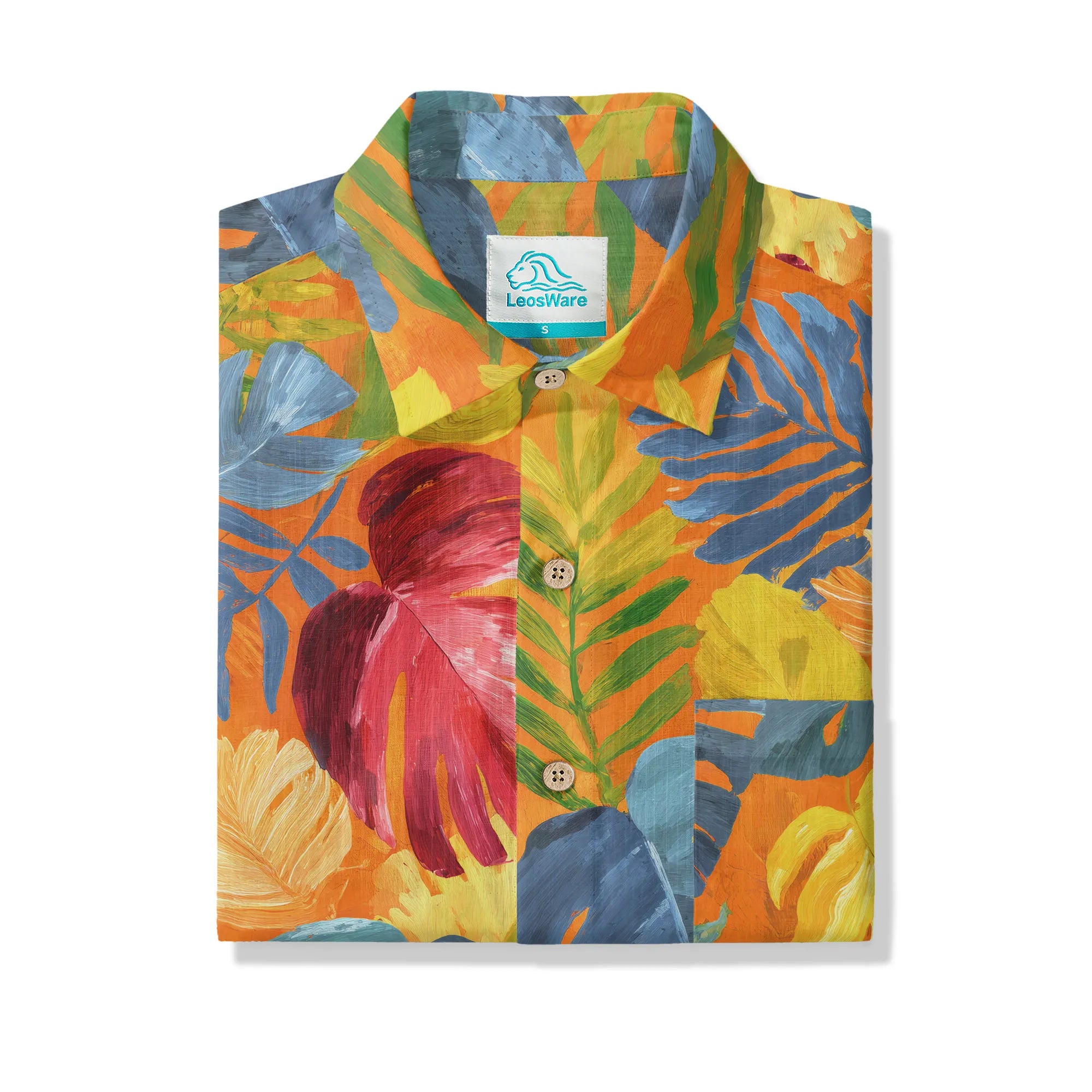 LeosWare® Men's Hawaiian Shirt Short Sleeve Button-up 100% Cotton Orange Aloha Tropical Rhapsody In Orange By Ann
