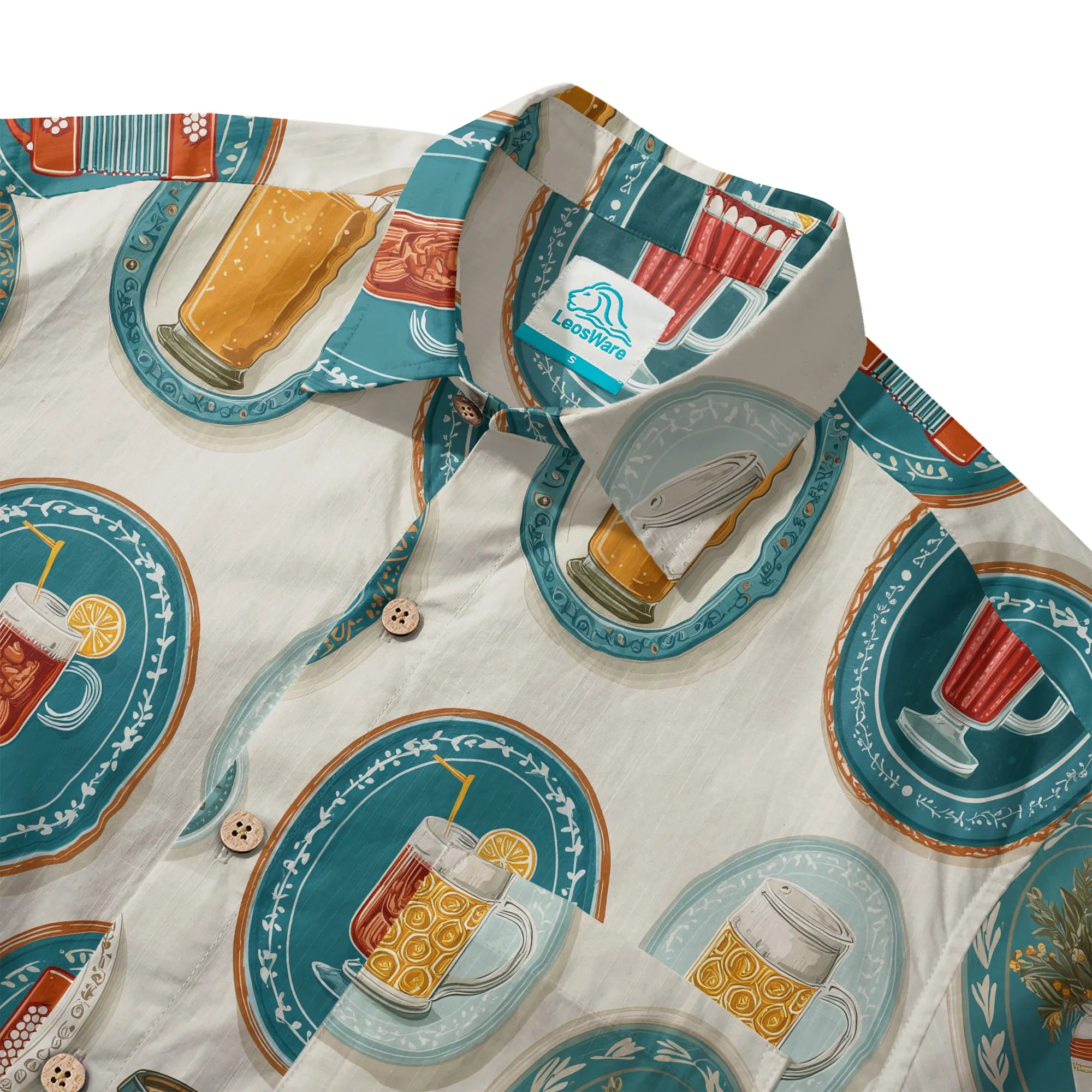 LeosWare® Men's Hawaiian Shirt Short Sleeve Button-up 100% Cotton Aloha Beer Festival Keepsake Plate By Ann