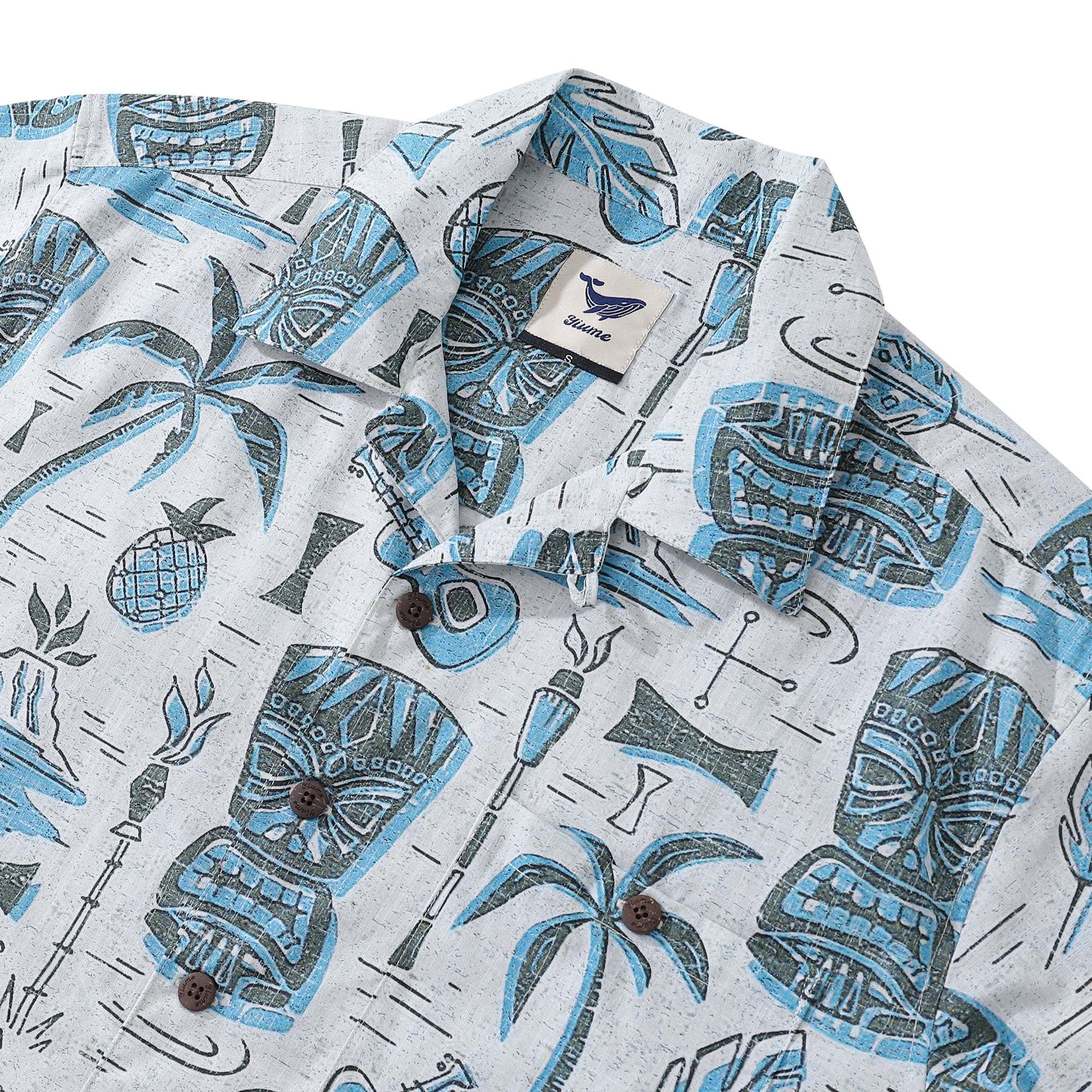Tiki Men's Hawaiian Shirt Short Sleeve Camp Collar 100% Cotton Blue Aloha By Yakima