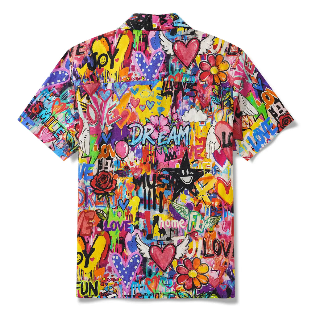 Men's Hawaiian Shirt Short Sleeve Camp Collar 100% Cotton Aloha Artistic Love Graffiti Fun By Mo