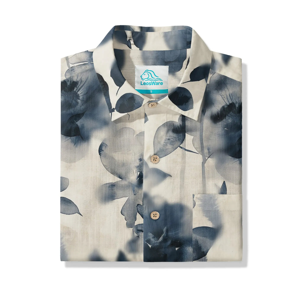 LeosWare® Men's Hawaiian Shirt Short Sleeve Button-up 100% Cotton Blue Aloha Blue And White Ink Charm By Ann