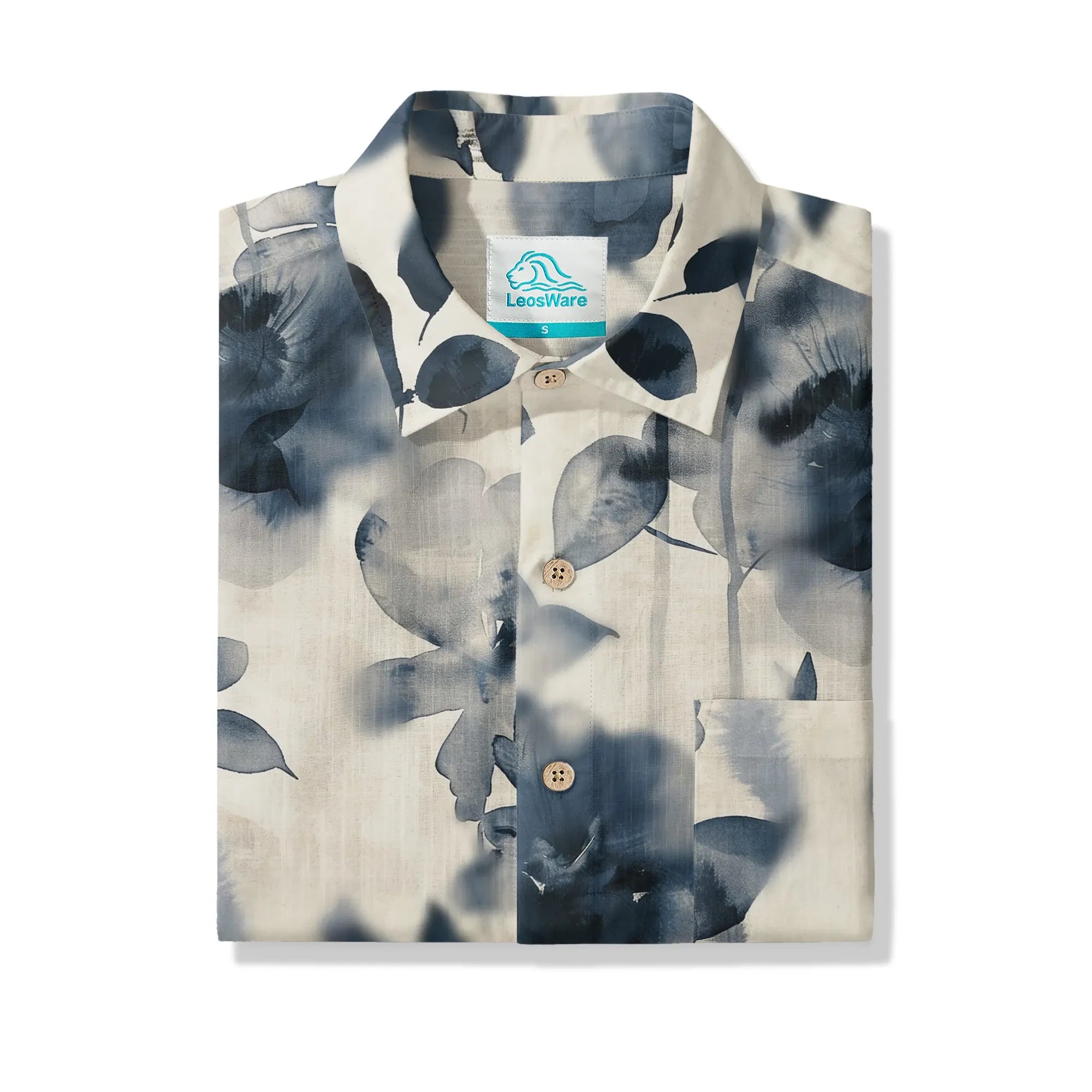 LeosWare® Men's Hawaiian Shirt Short Sleeve Button-up 100% Cotton Blue Aloha Blue And White Ink Charm By Ann
