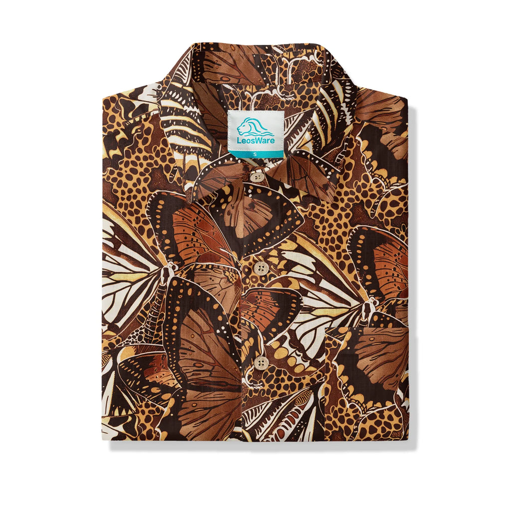 LeosWare® Men's Hawaiian Shirt Short Sleeve Button-up 100% Cotton Brown Aloha Butterfly Haven By Ann