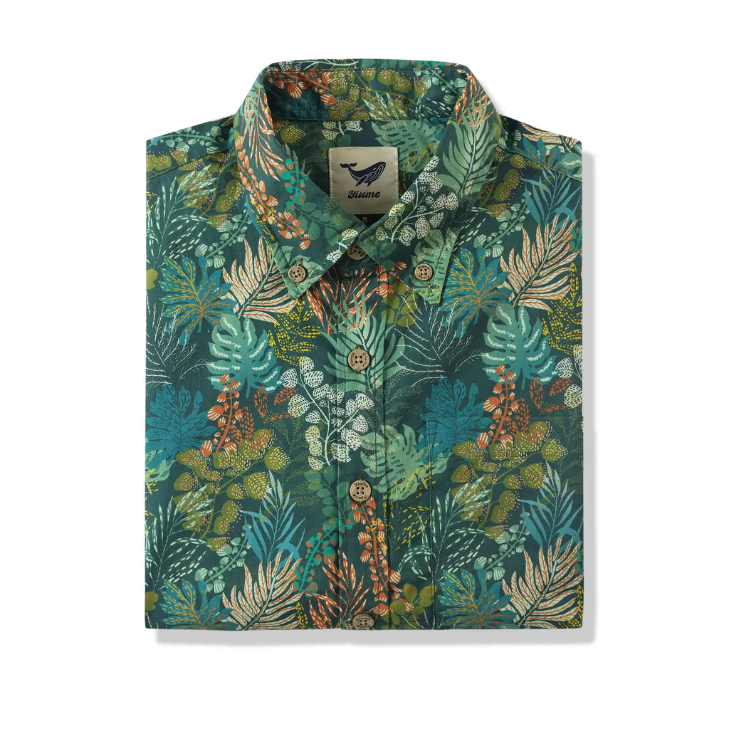 Men's Hawaiian Shirt Short Sleeve Button-down 100% Cotton Green Shirt Aloha Tropical Night Emerald Leaves By Annick