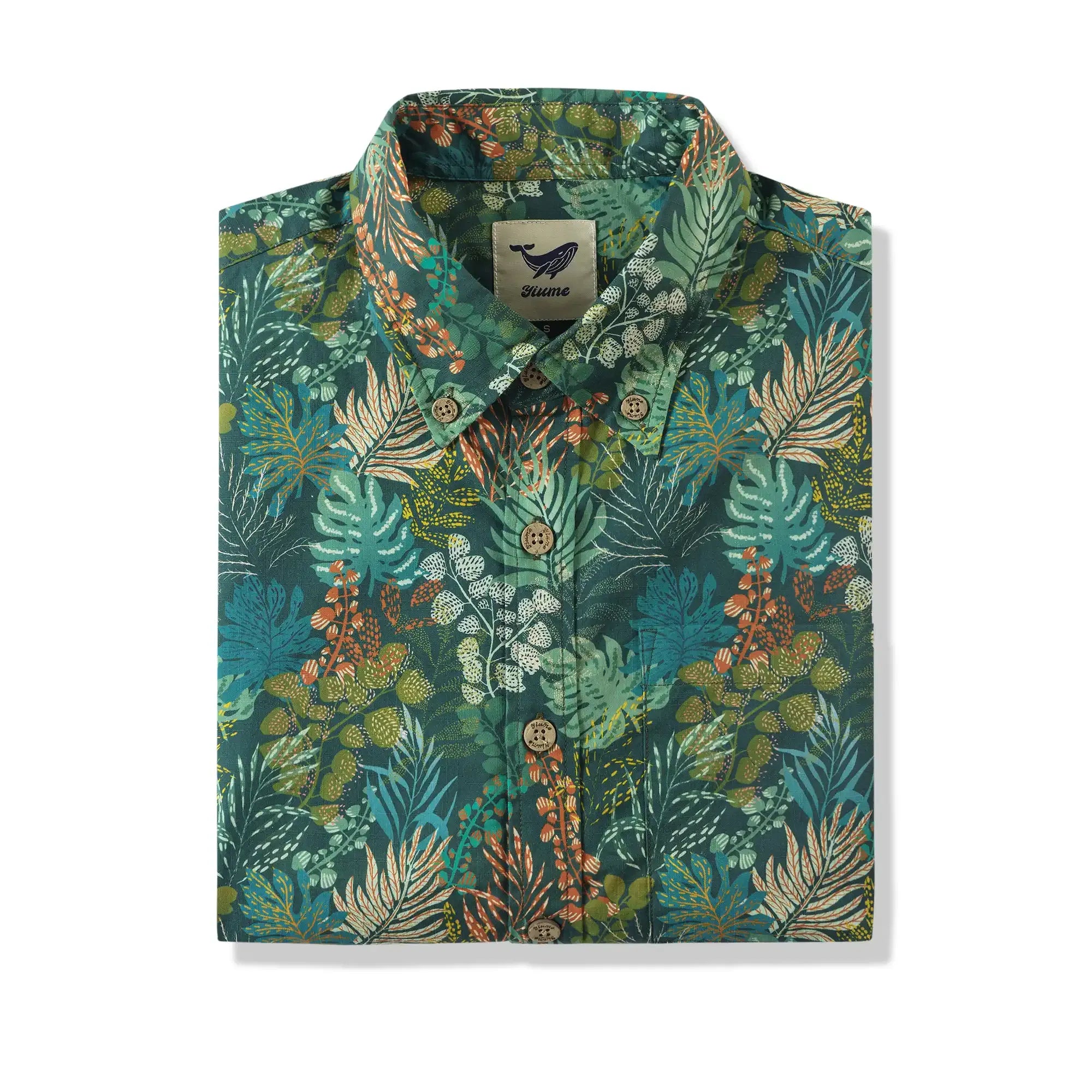 Men's Hawaiian Shirt Short Sleeve Button-down 100% Cotton Green Shirt Aloha Tropical Night Emerald Leaves By Annick