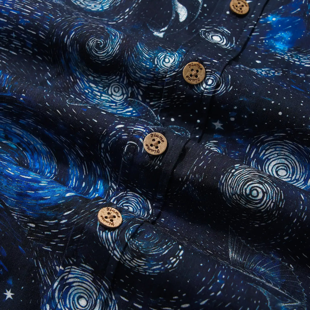 Men's Hawaiian Shirt Short Sleeve Button-down 100% Cotton Blue Aloha Dreams Of The Starry Sea Jellyfish Whale By Mo