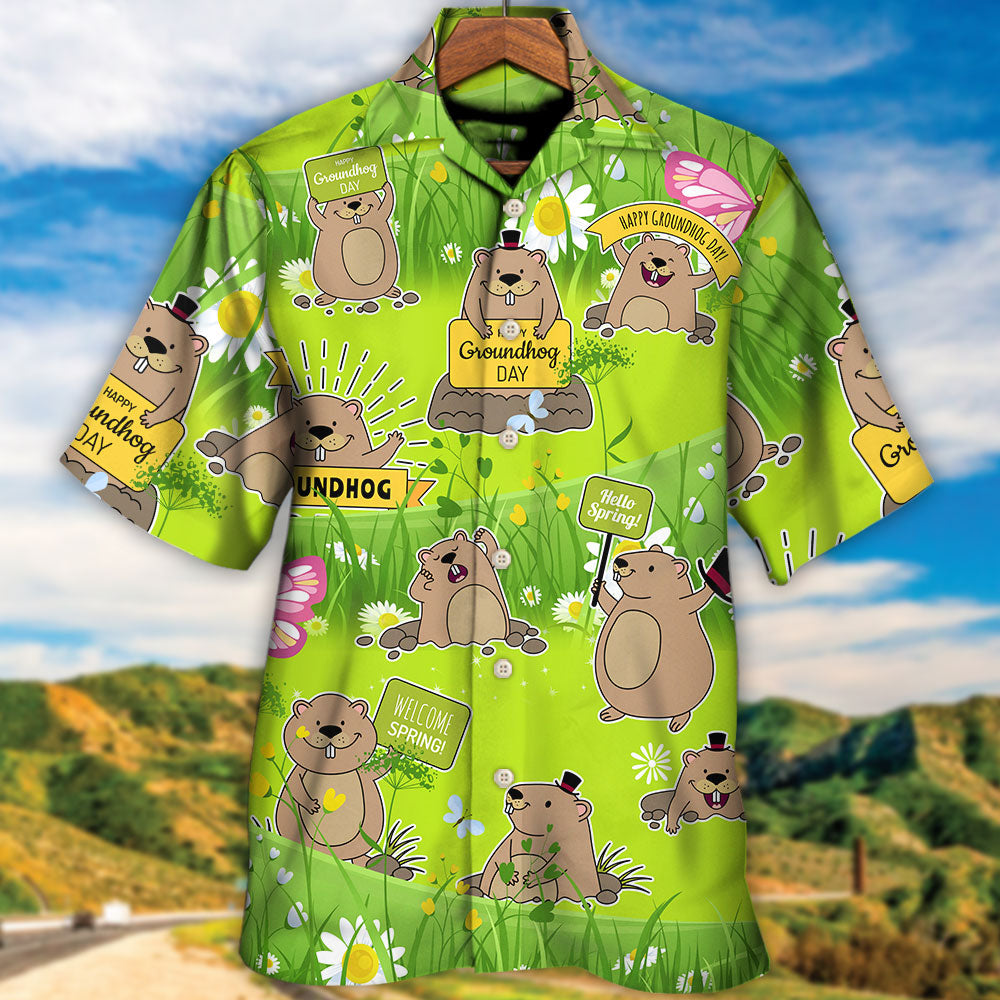 Groundhog Day Happy Spring With Flowers - Hawaiian Shirt