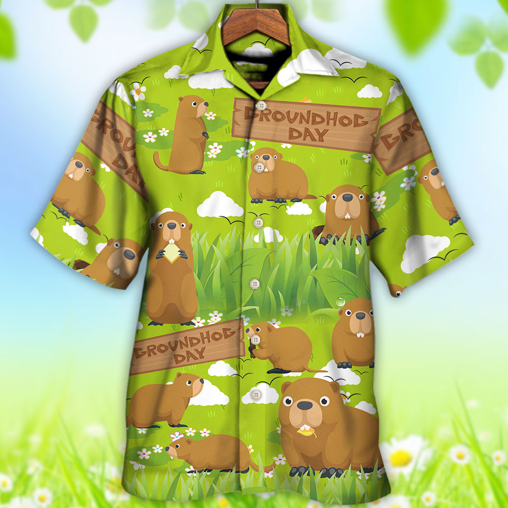 Groundhog Happy Day With Grass Flowers Garden - Hawaiian Shirt