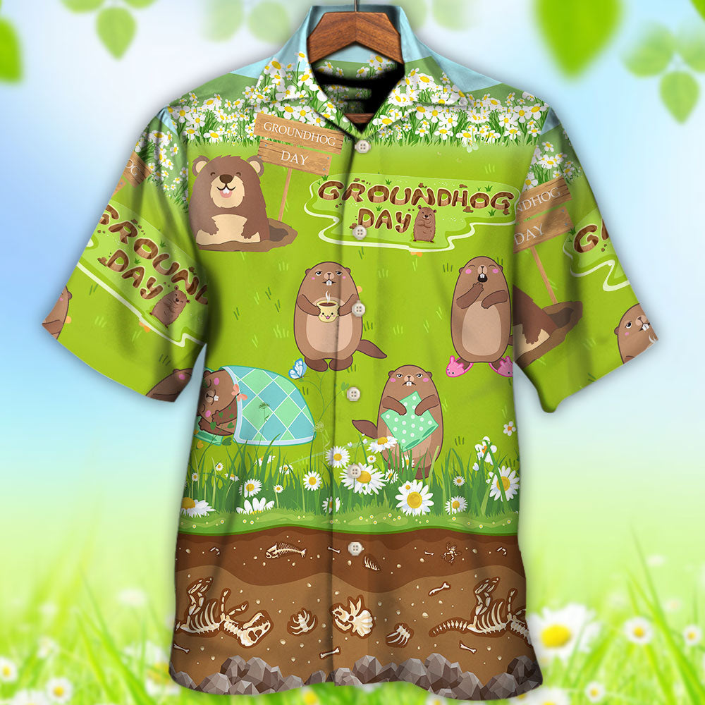Groundhog Day Happy Spring Day With Grass Flowers - Hawaiian Shirt