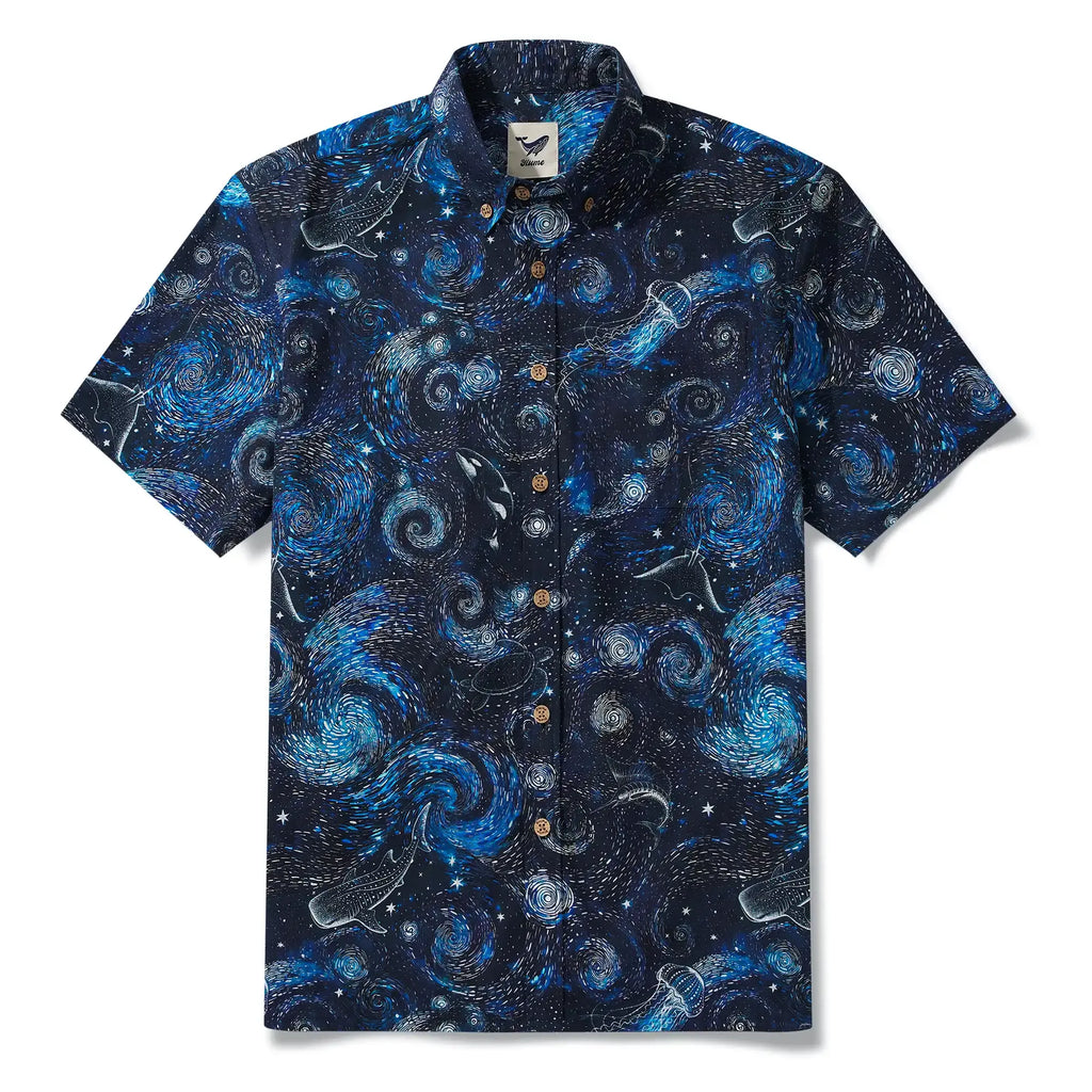 Men's Hawaiian Shirt Short Sleeve Button-down 100% Cotton Blue Aloha Dreams Of The Starry Sea Jellyfish Whale By Mo