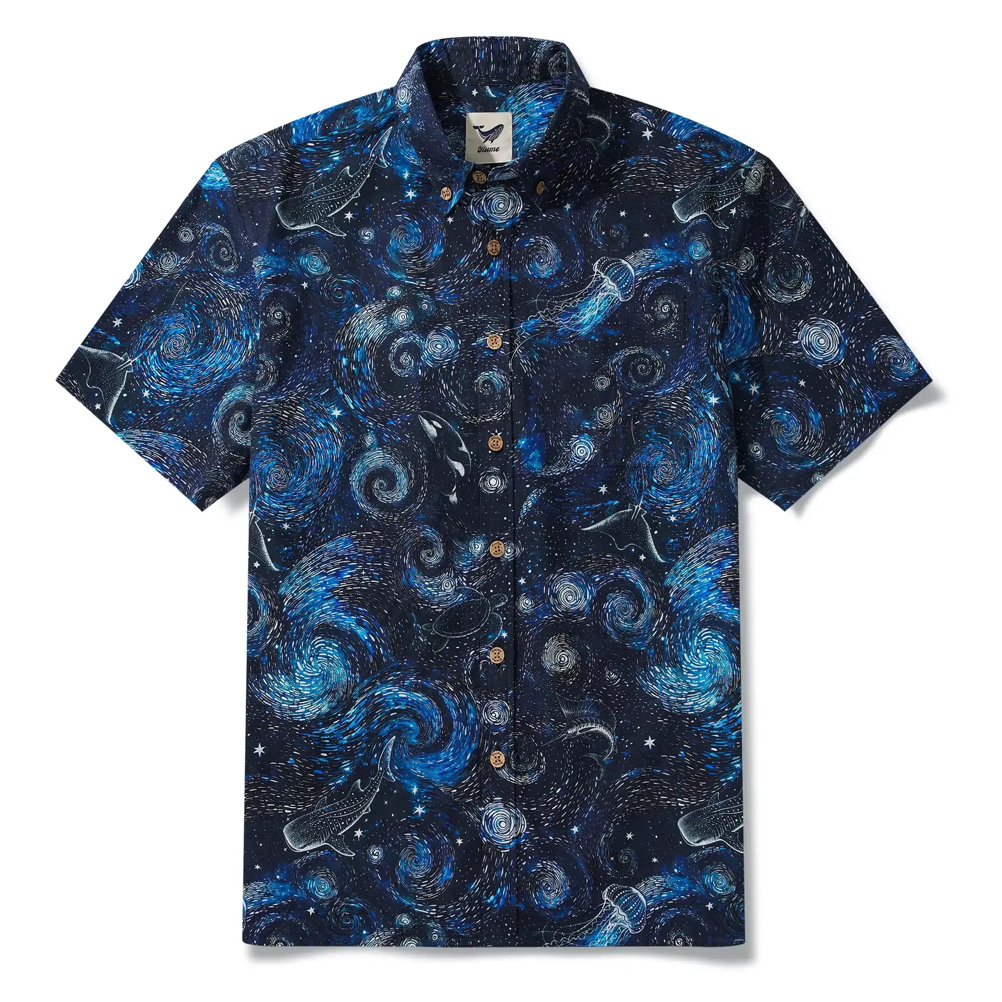Men's Hawaiian Shirt Short Sleeve Button-down 100% Cotton Blue Aloha Dreams Of The Starry Sea Jellyfish Whale By Mo