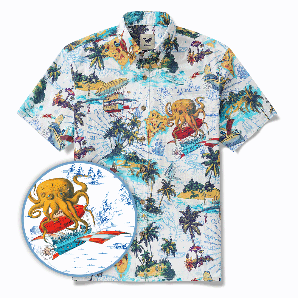 Men's Hawaiian Shirt Short Sleeve Button-down 100% Cotton Blue Aloha Ocean Dreamer By DUDU