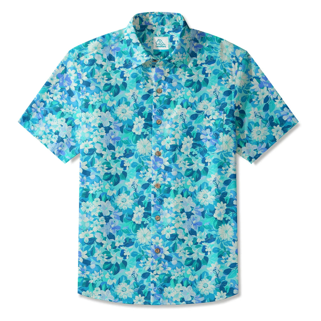 LeosWare® Flower Men's Hawaiian Shirt Short Sleeve Button-up 100% Cotton Blue Aloha Blue Oasis By Ann