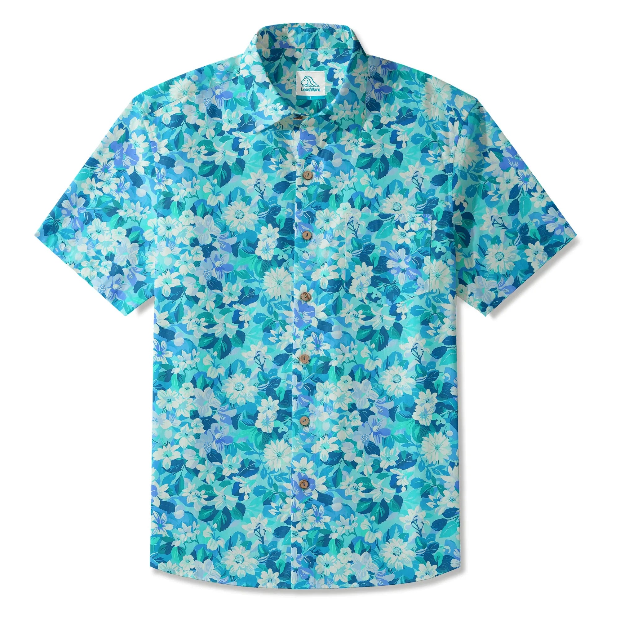 LeosWare® Flower Men's Hawaiian Shirt Short Sleeve Button-up 100% Cotton Blue Aloha Blue Oasis By Ann