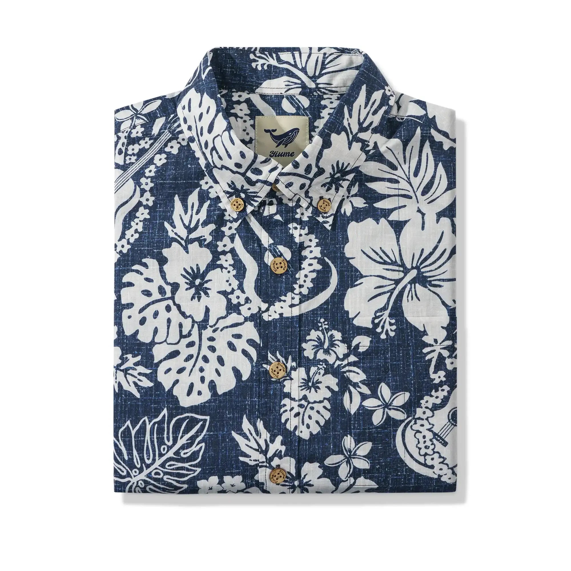 Men's Hawaiian Shirt Short Sleeve Button-down 100% Cotton Blue Aloha Island Ukulele By DUDU