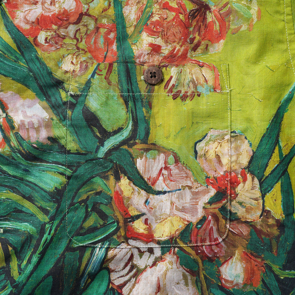 Men's Hawaiian Shirt Short Sleeve Camp Collar 100% Cotton Green Aloha Van Gogh Blossoms By Mo