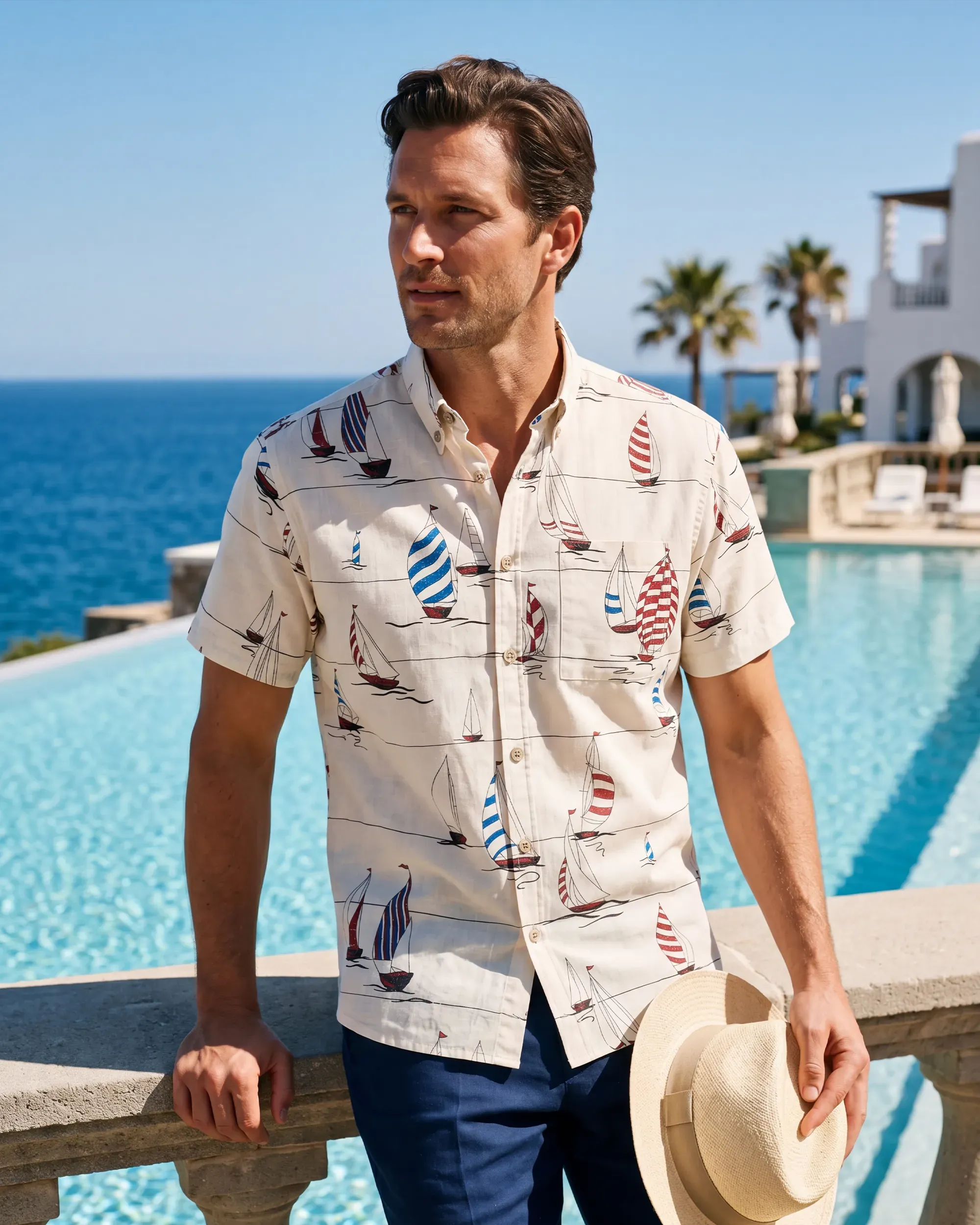 Men's Hawaiian Shirt Short Sleeve Button-down 100% Cotton Blue Aloha Sail into the Horizon By Huan huan