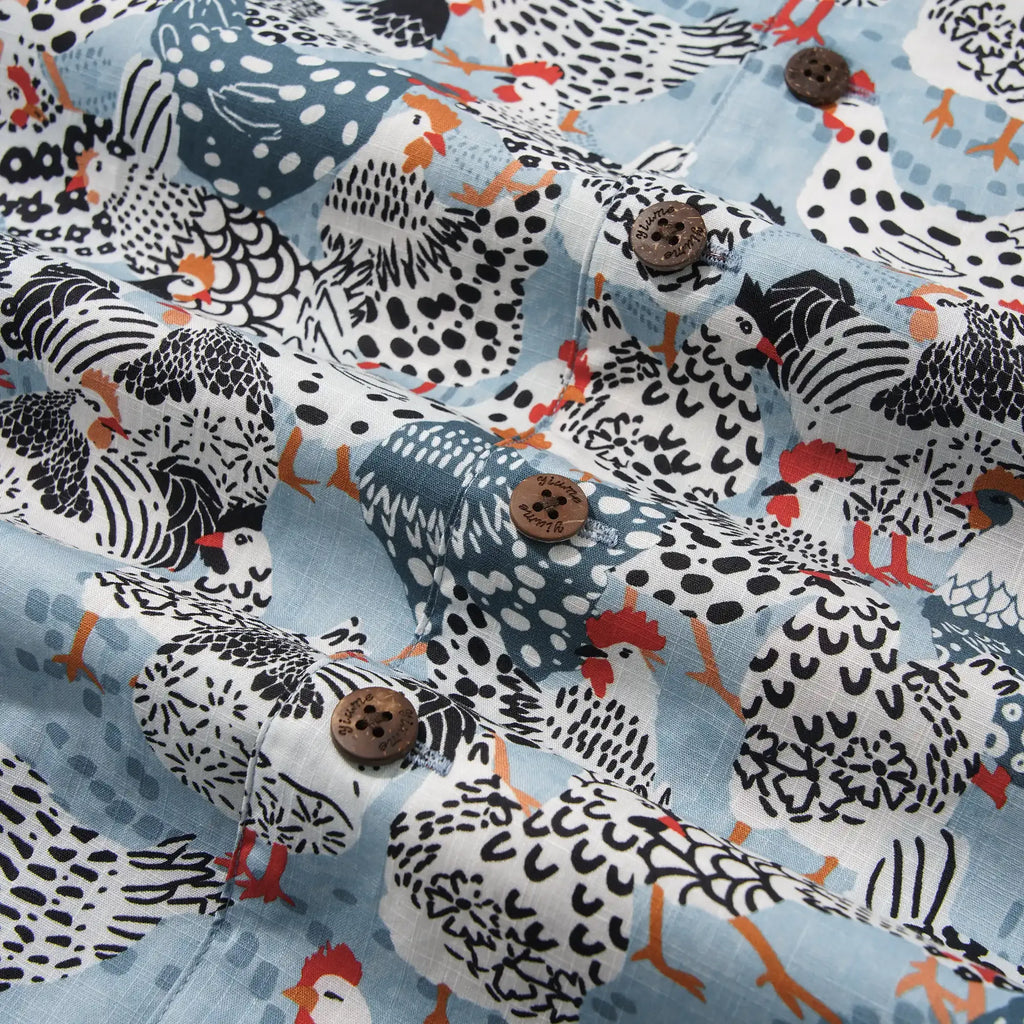 Men's Hawaiian Shirt Short Sleeve Camp Collar 100% Cotton Blue Aloha Clucking Chicken Friends By Annick