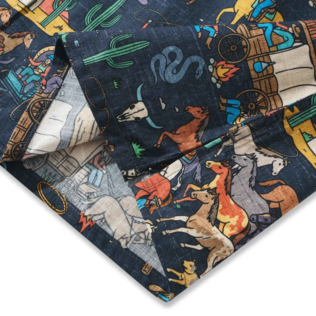 Men's Hawaiian Shirt Short Sleeve Button-down 100% Cotton Blue Aloha Vintage Denim Frontier Town By Huan huan
