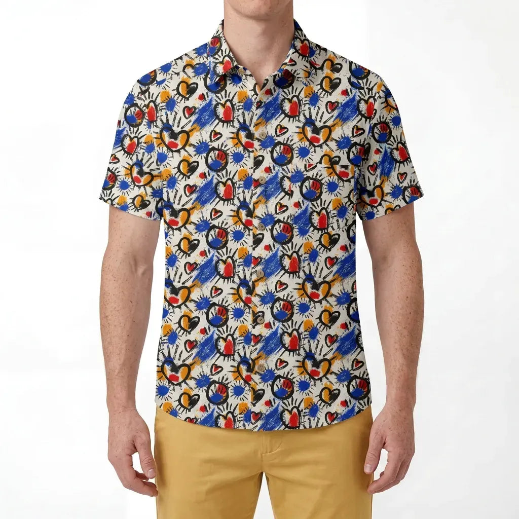 LeosWare® Men's Hawaiian Shirt Short Sleeve Button-up 100% Cotton White Aloha Color Clash Heart Mango By Ann