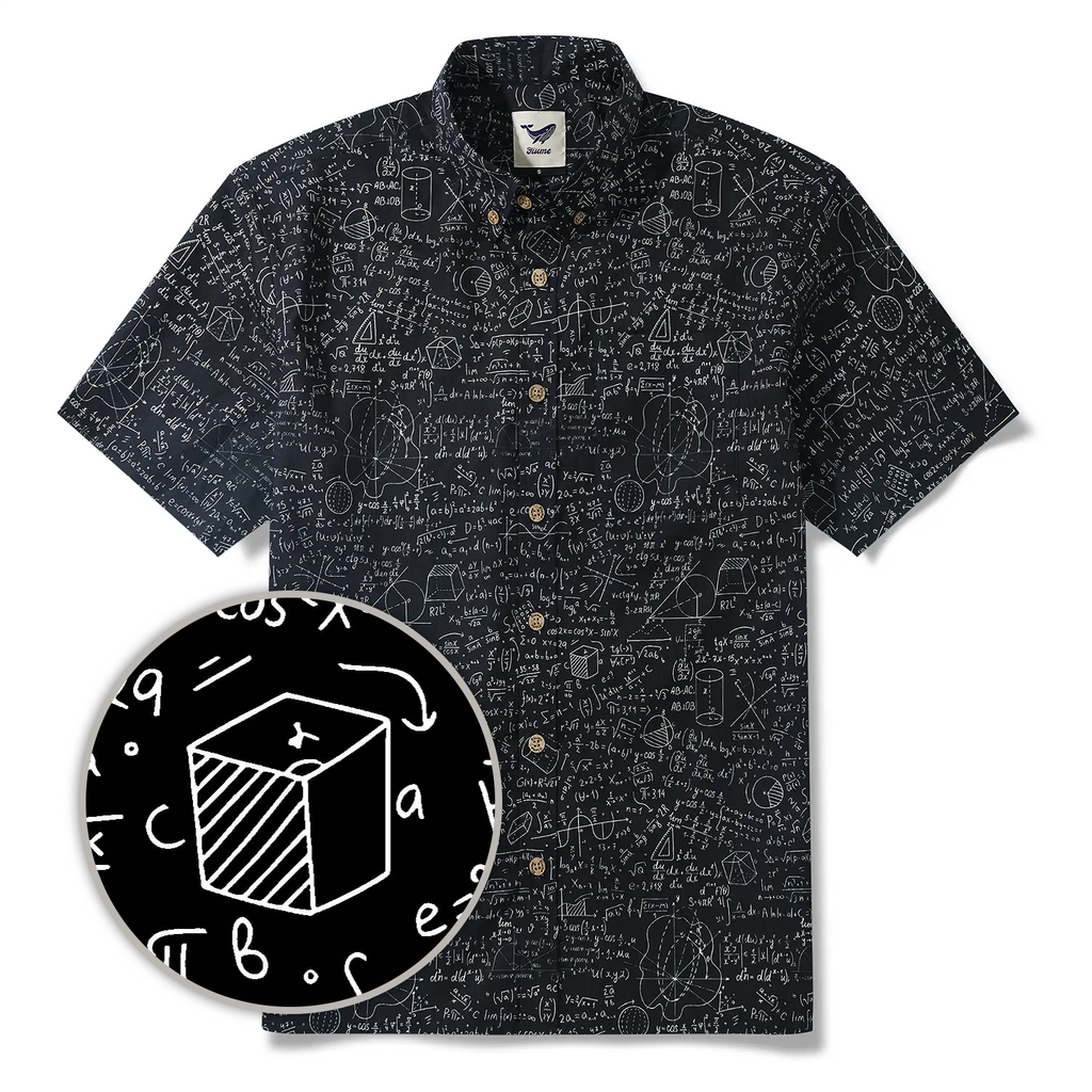 Geek Chic Men's Hawaiian Shirt Short Sleeve Button-down 100% Cotton Black Aloha The Problem Solver Math Formula Physics Equation Science Chalkboard By Yana