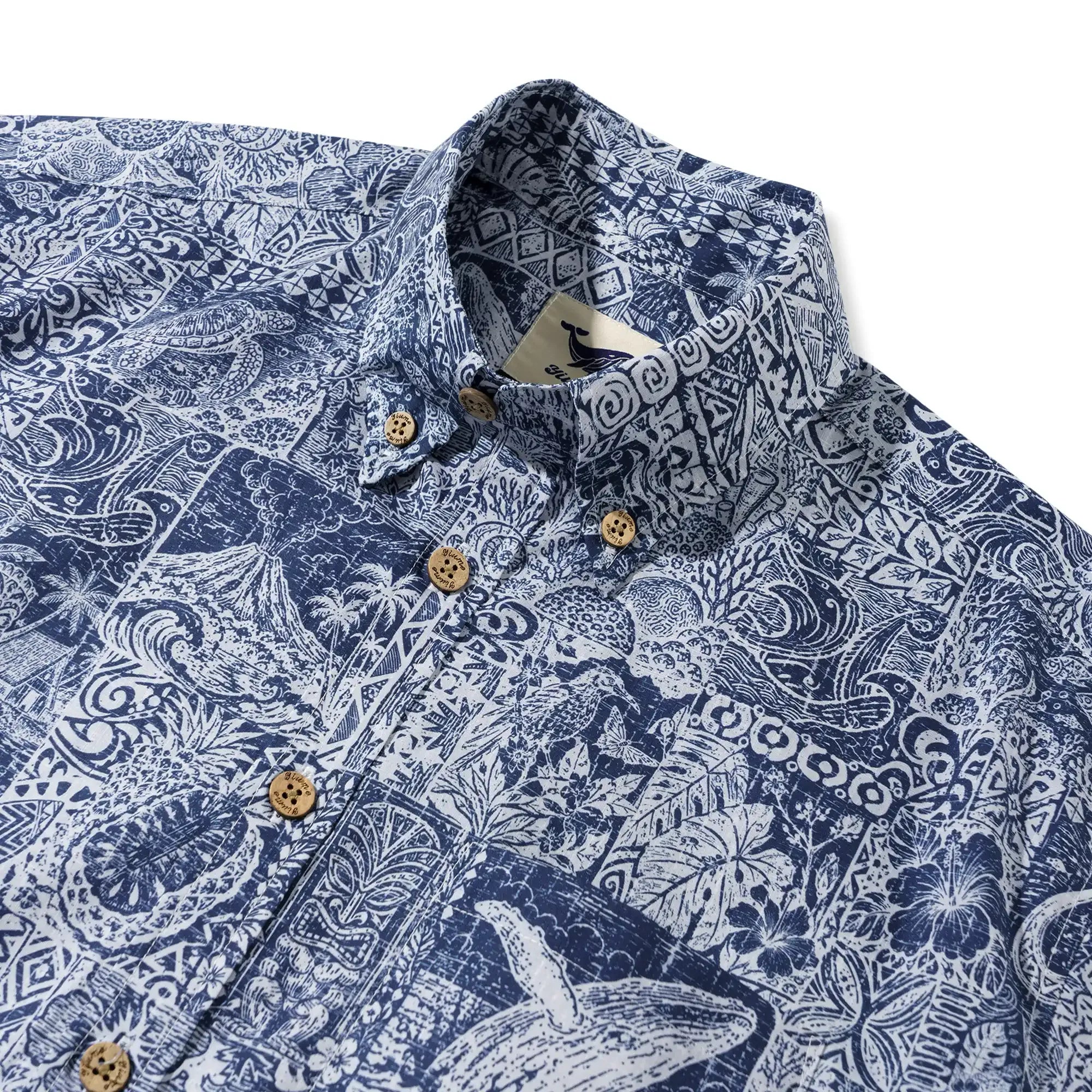 Men's Hawaiian Shirt Short Sleeve Button-down 100% Cotton Blue Aloha Tiki Isle Archive - Navy Blue By Cigar