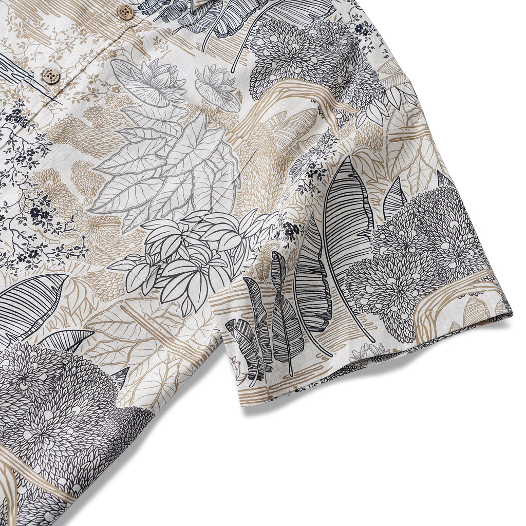 Botanical Oasis 100% Cotton Men's Short Sleeve Button-down Shirt Brown Aloha Hawaiian By Yakima