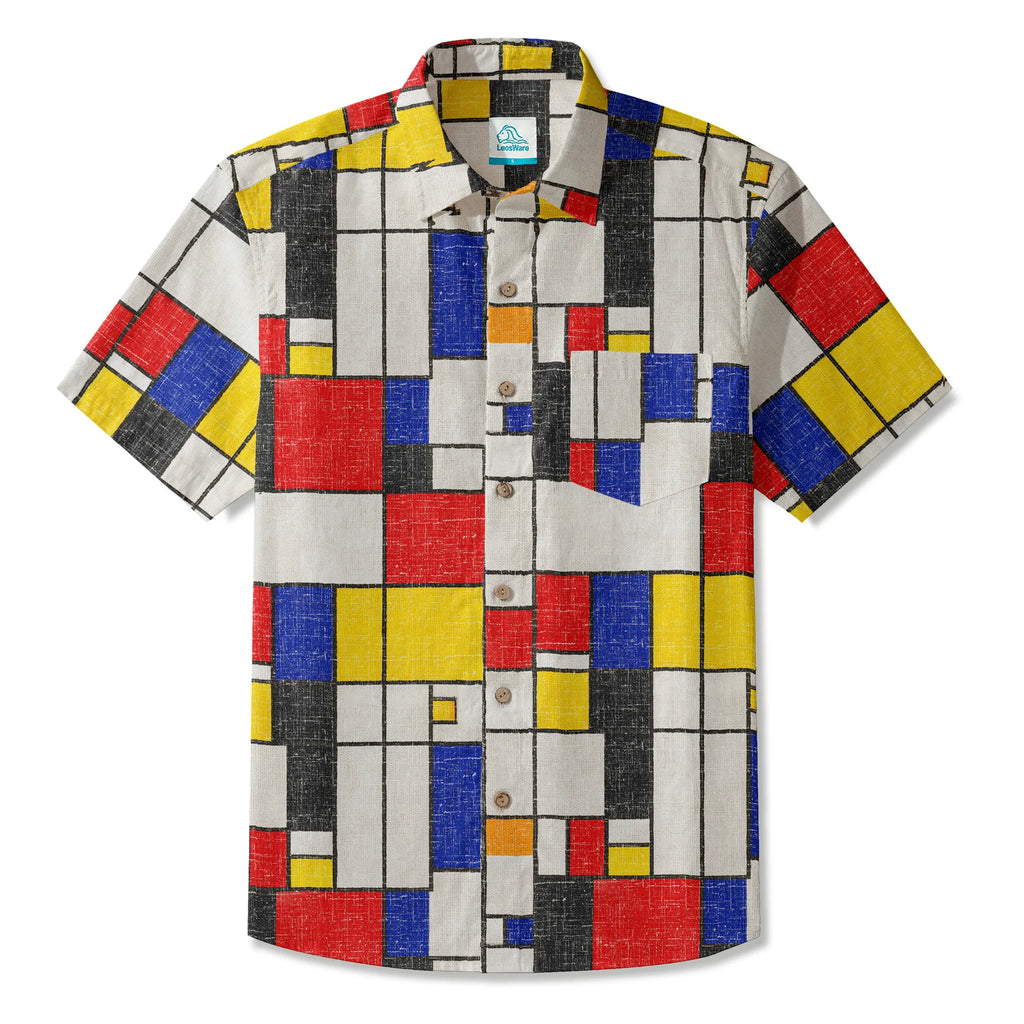 LeosWare® Men's Hawaiian Shirt Short Sleeve Button-up 100% Cotton White Aloha Mondrian Vintage Canvas By Ann