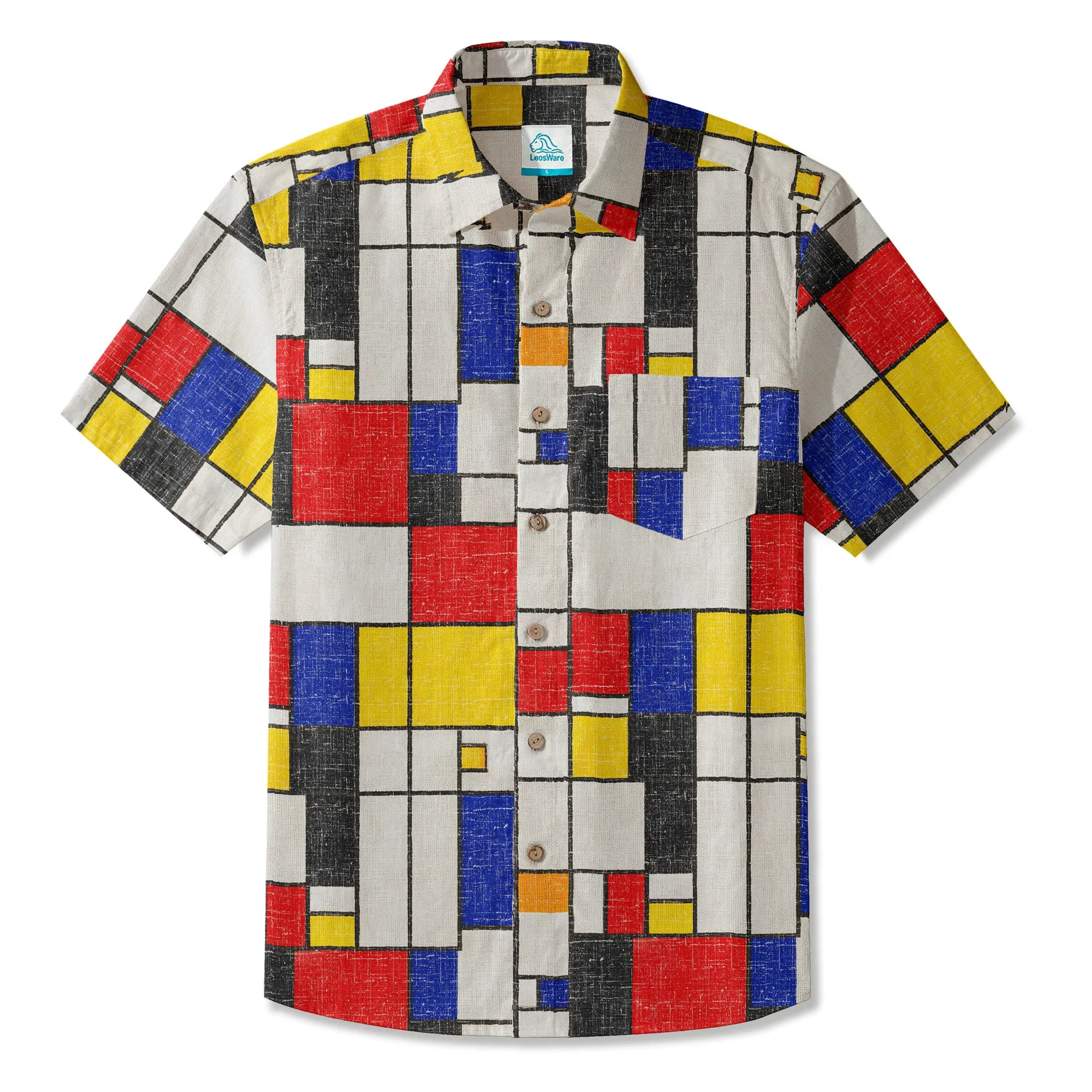 LeosWare® Men's Hawaiian Shirt Short Sleeve Button-up 100% Cotton White Aloha Mondrian Vintage Canvas By Ann
