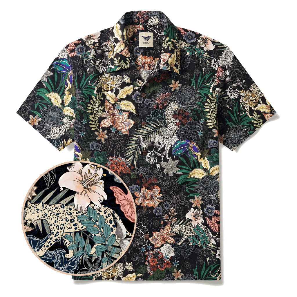 Leopards Men's Hawaiian Shirt Short Sleeve Camp Collar 100% Cotton Black Aloha The Night Jungle Exploring By Mo