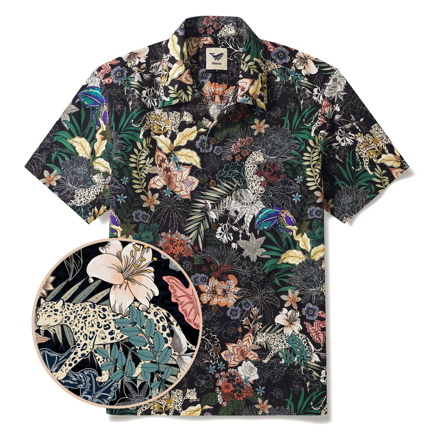 Leopards Men's Hawaiian Shirt Short Sleeve Camp Collar 100% Cotton Black Aloha The Night Jungle Exploring By Mo