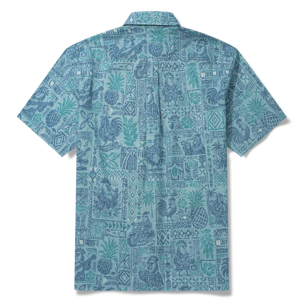 Men's Hawaiian Shirt Short Sleeve Button-down 100% Cotton Blue Rooster Aloha The Bone Voyage By Cigar