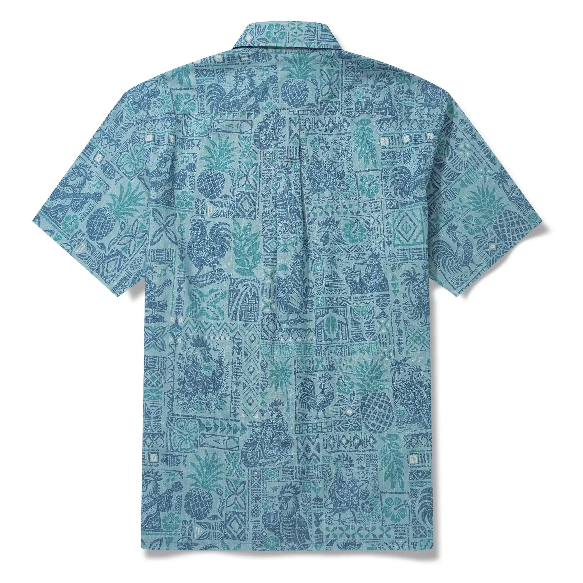 Men's Hawaiian Shirt Short Sleeve Button-down 100% Cotton Blue Rooster Aloha The Bone Voyage By Cigar