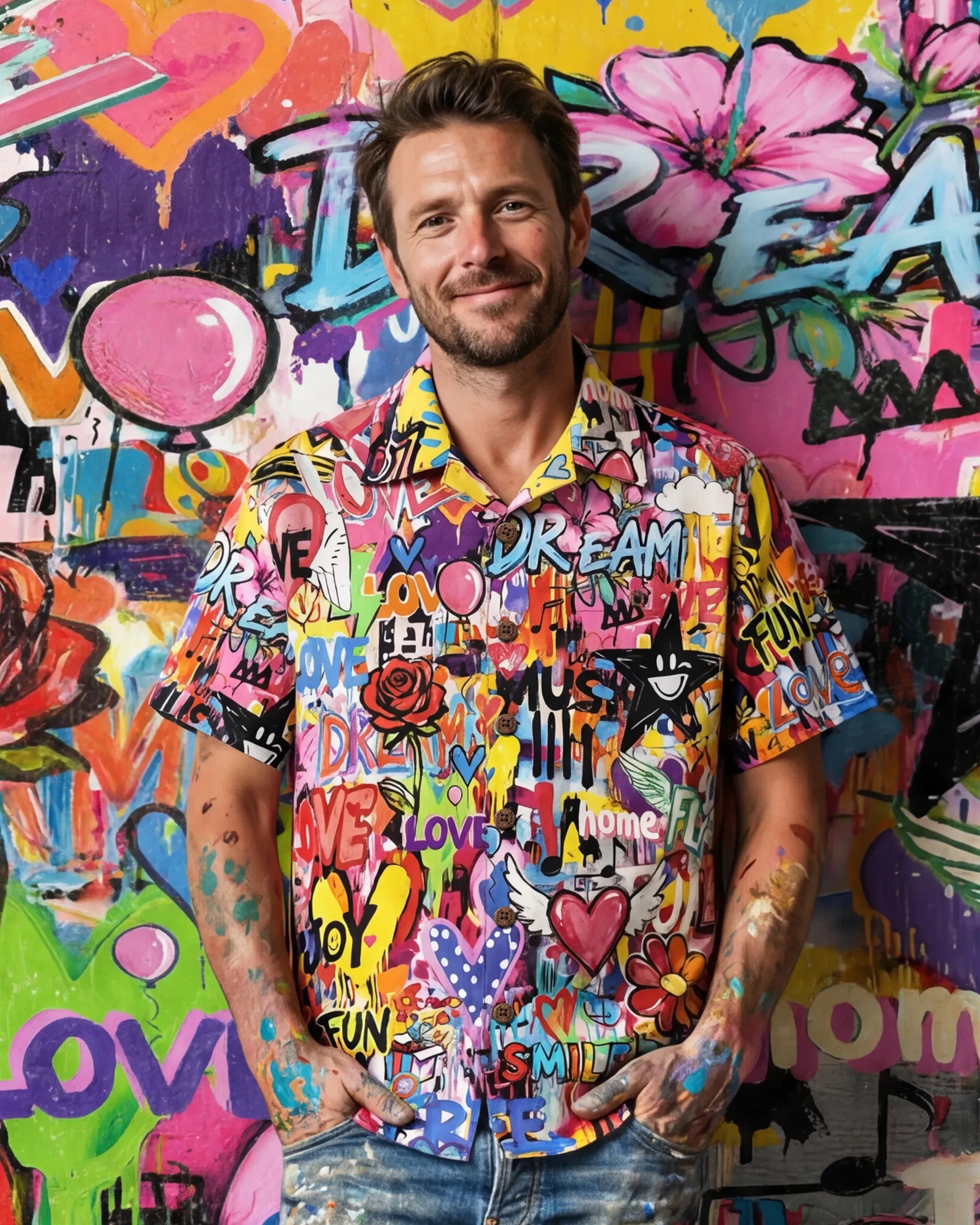 Men's Hawaiian Shirt Short Sleeve Camp Collar 100% Cotton Aloha Artistic Love Graffiti Fun By Mo