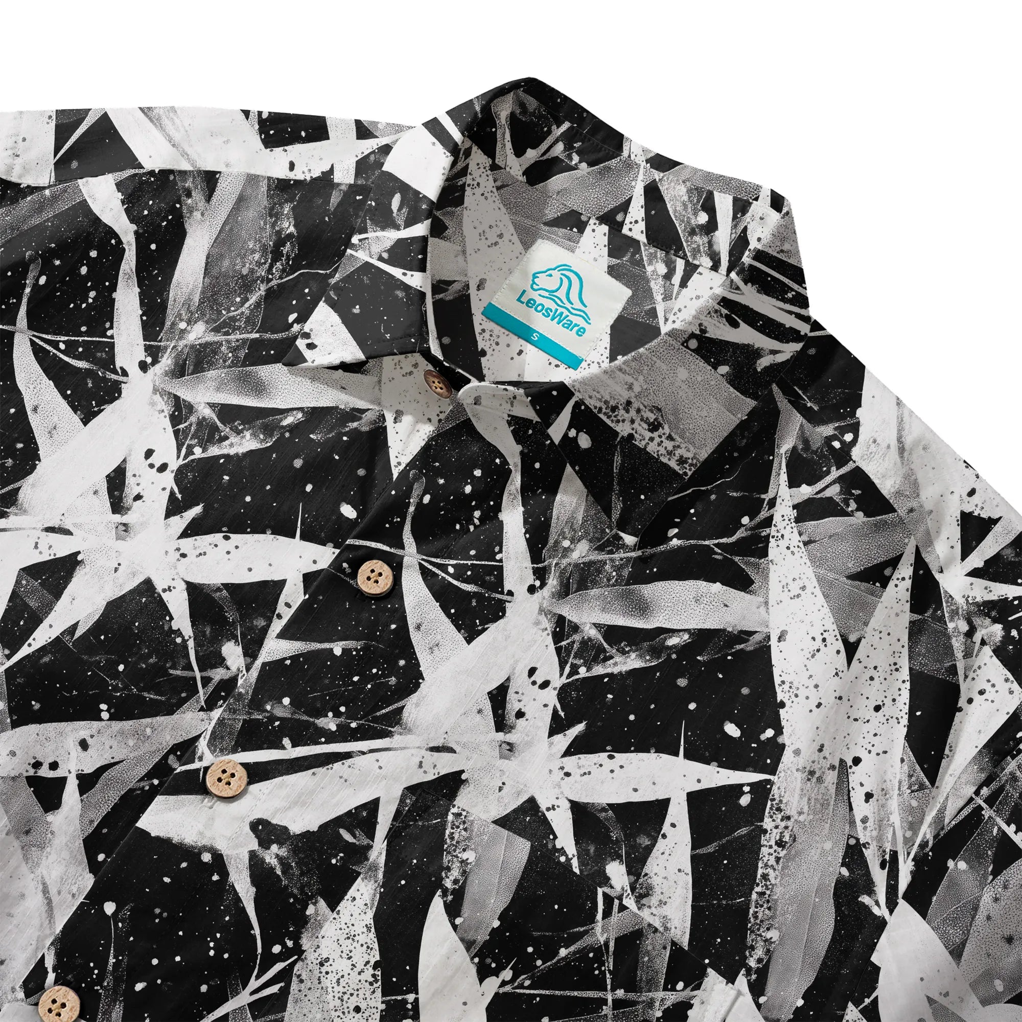 LeosWare® Men's Hawaiian Shirt Short Sleeve Button-up 100% Cotton Black Aloha Snow Falling Among The Bamboo By Ann