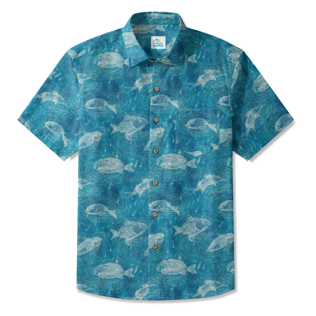 LeosWare® Men's Hawaiian Shirt Short Sleeve Button-up 100% Cotton Aloha Rain Falls On Green Pond By Ann