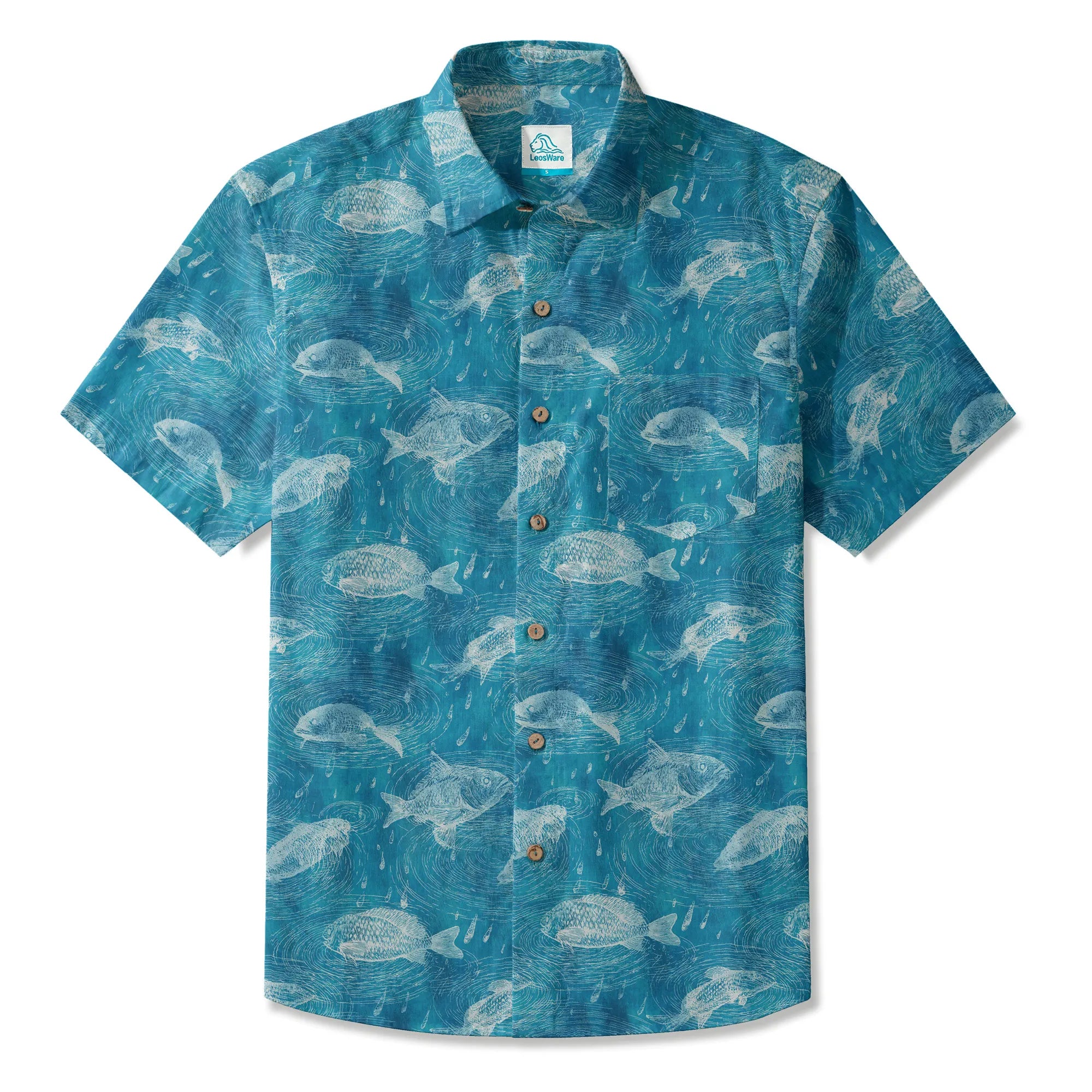 LeosWare® Men's Hawaiian Shirt Short Sleeve Button-up 100% Cotton Aloha Rain Falls On Green Pond By Ann