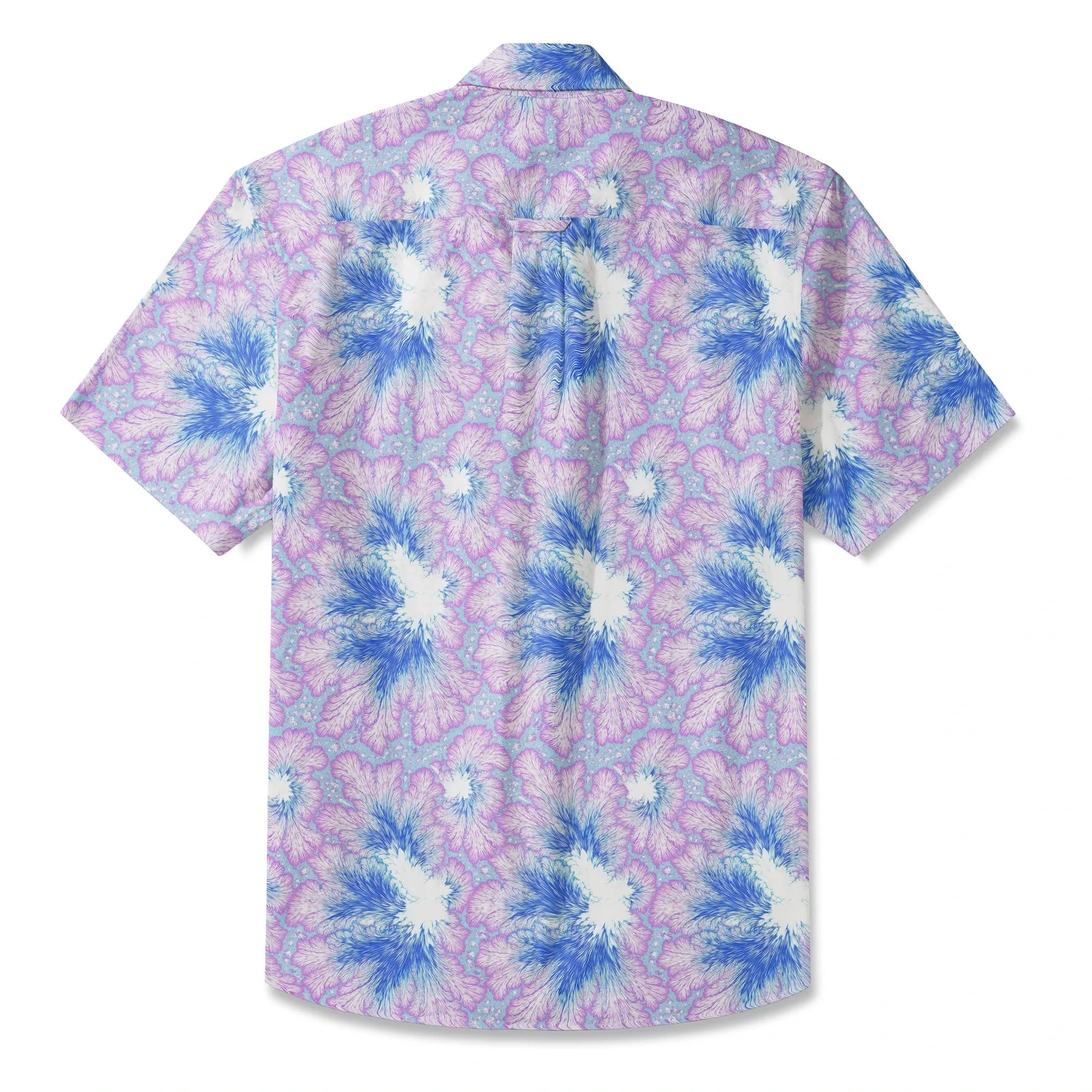 Chemise hawaïenne pour homme LeosWare® à manches courtes, boutonnée 100 % coton, violette Aloha, plumage bleu violet en flamme fractale par Ann