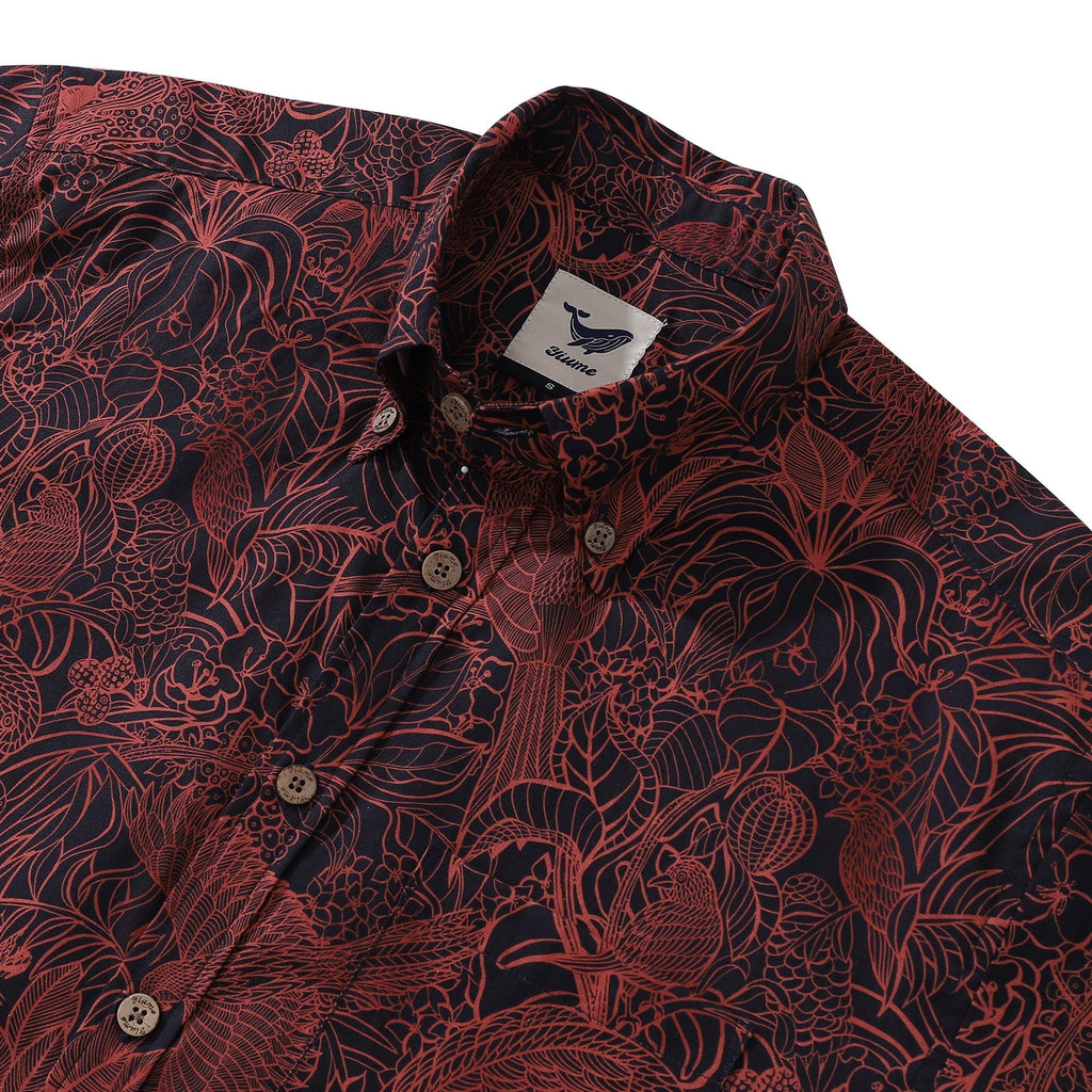 Men's Breathable Shirt Red Hawaiian Shirt Birds Print 100% Cotton Short Sleeve Button-down Shirt By Sun
