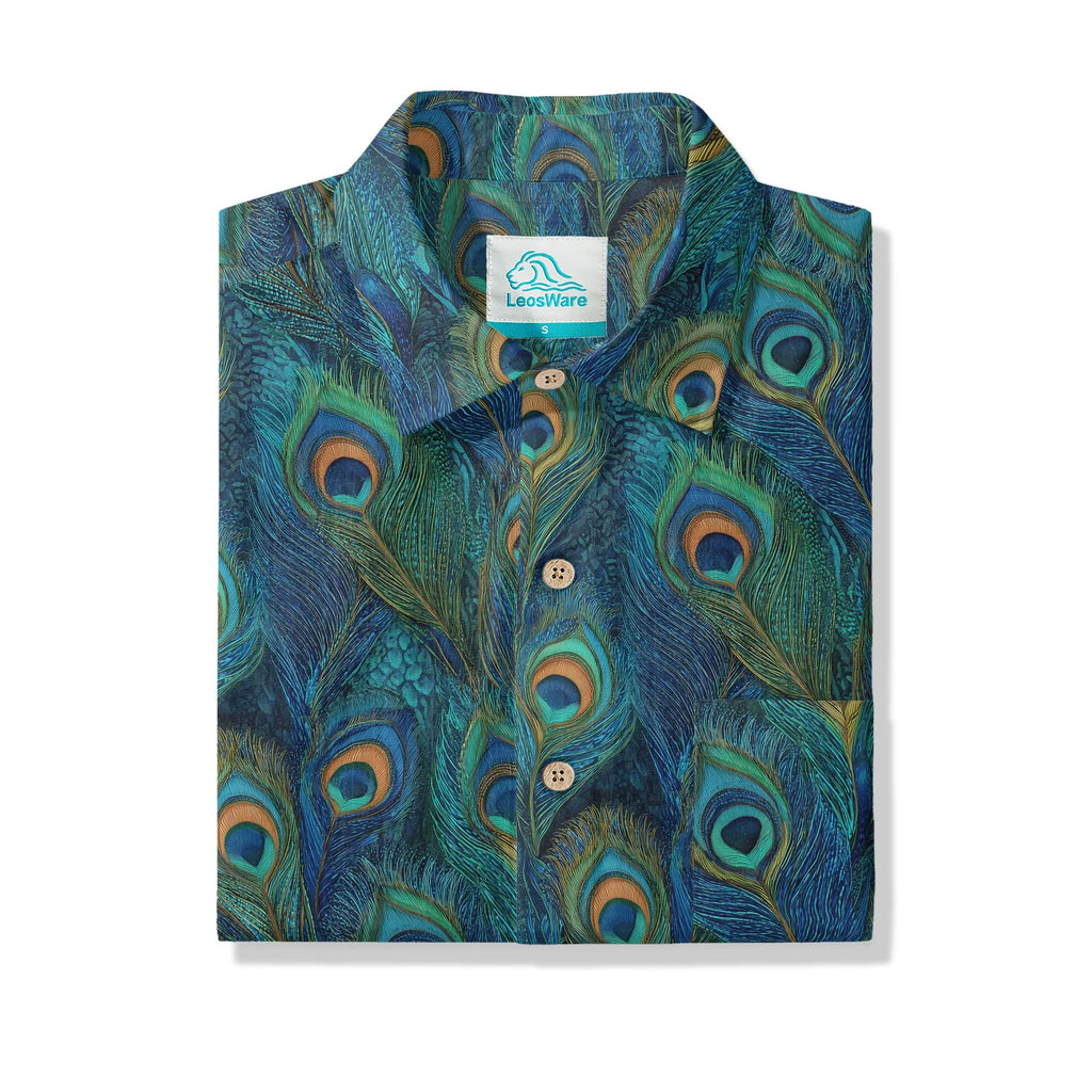 LeosWare® Peacock Men's Hawaiian Shirt Short Sleeve Button-up 100% Cotton Blue Aloha Indigo Feathered Elegance By Ann