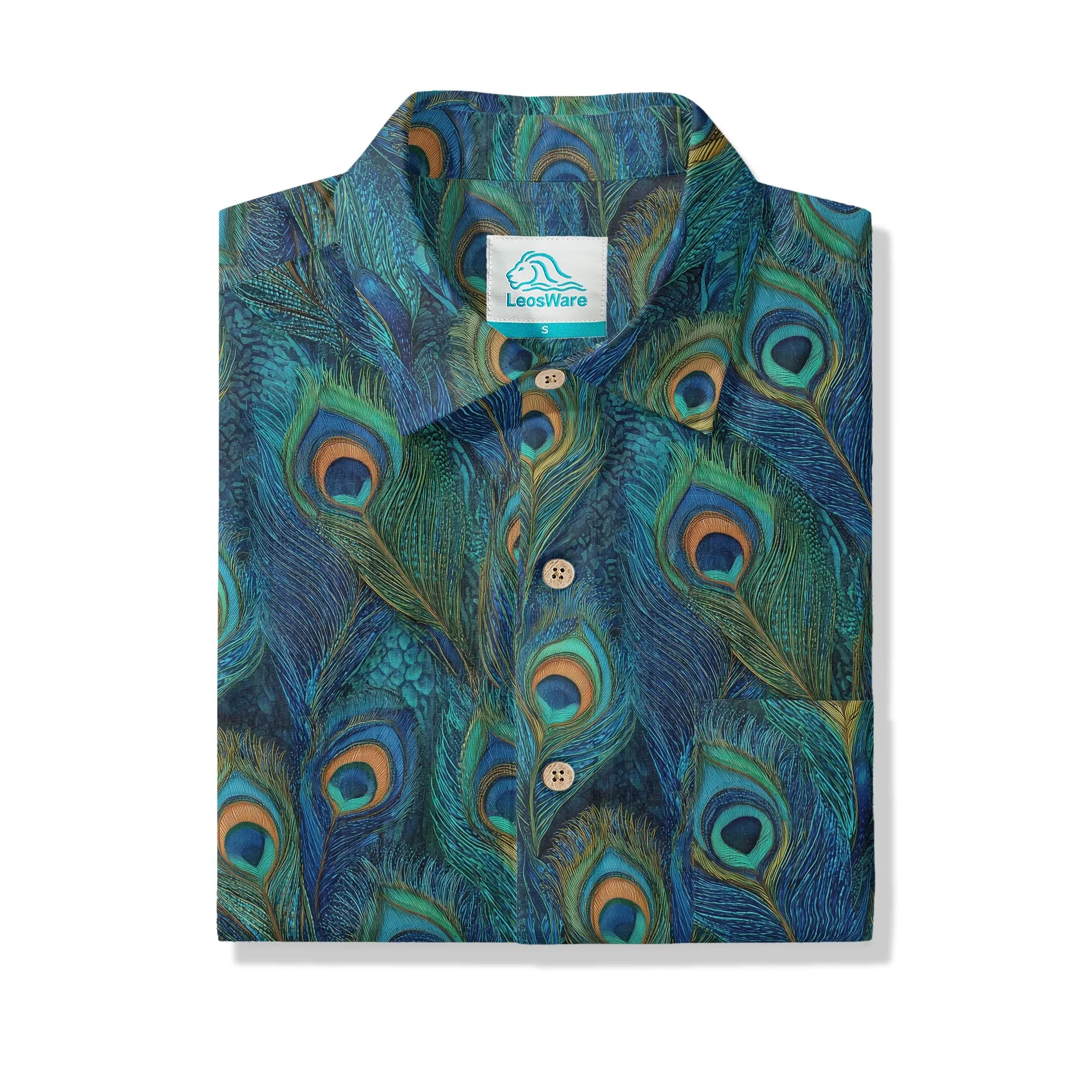 LeosWare® Peacock Men's Hawaiian Shirt Short Sleeve Button-up 100% Cotton Blue Aloha Indigo Feathered Elegance By Ann