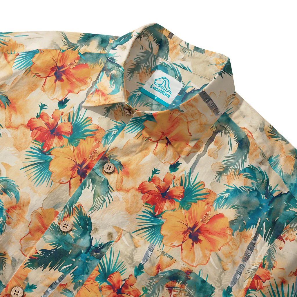 LeosWare® Men's Hawaiian Shirt Short Sleeve Button-up 100% Cotton Orange Aloha Sunset Orange Coconut Breeze By Ann