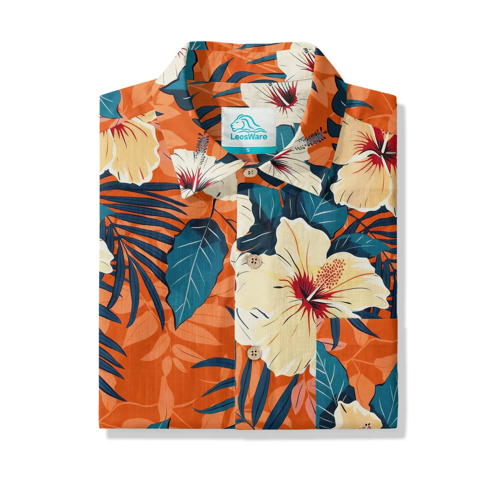 LeosWare® Men's Hawaiian Shirt Short Sleeve Button-up 100% Cotton Orange Aloha Blooming Orange Hibiscus By Ann